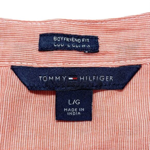 TOMMY HILFIGER 100% Cotton Boyfriend Long-Sleeve Roll Tab Popover Top Size L - Picture 7 of 8